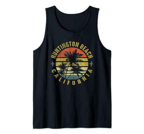 Huntington Beach California Retro Palm Sunset - Beach Design Tank Top