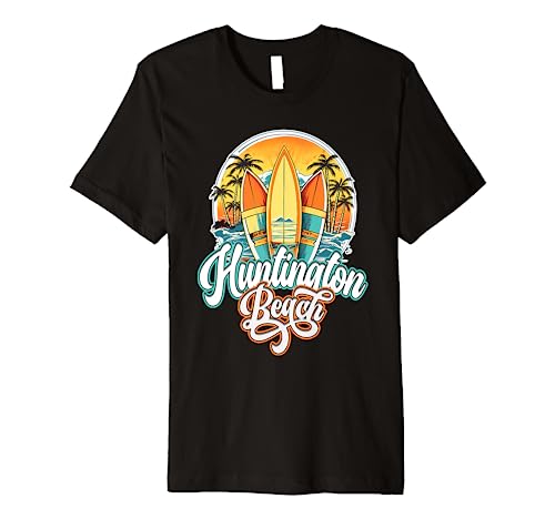 Huntington Retro Vintage Three Surfboard and Palm Circle Premium T-Shirt