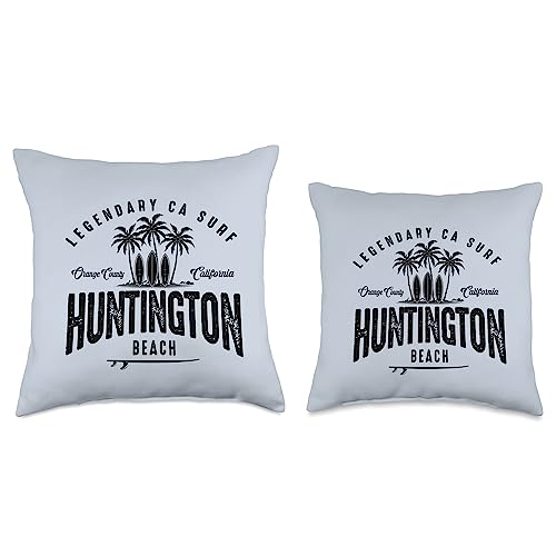 Legendary Surf Locations Three Vintage Surfboards and Palms-Huntington Beach Throw Pillow