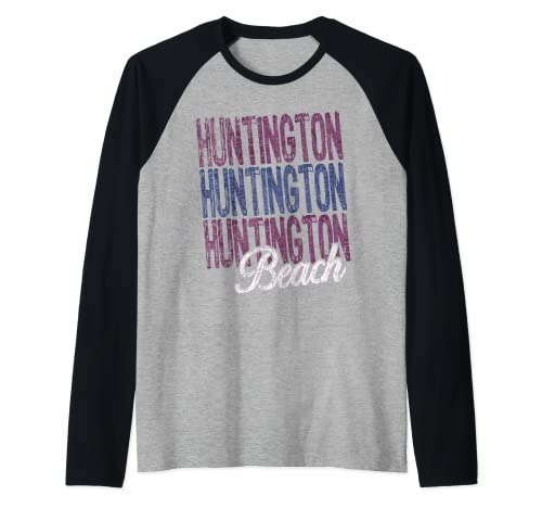 Huntington Beach California Three Times Beach Design Raglan Baseball Tee