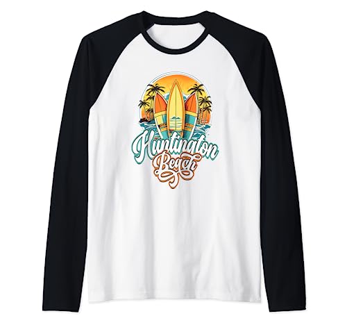 Huntington Retro Vintage Three Surfboard and Palm Circle Raglan Baseball Tee