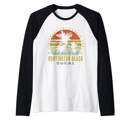 Huntington Beach Retro Palm Sunset - Beach Lover Gift idea Raglan Baseball Tee