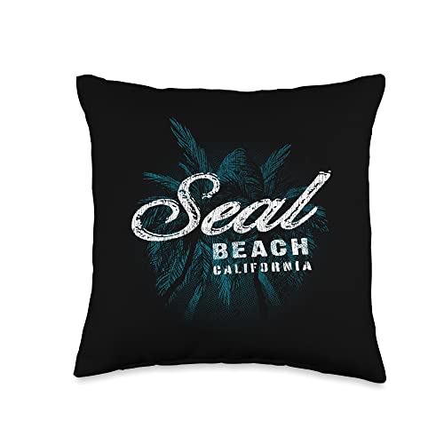 Californian Surf Beach Destinations Seal Beach-Palm Cluster Distressed Stamp Throw Pillow