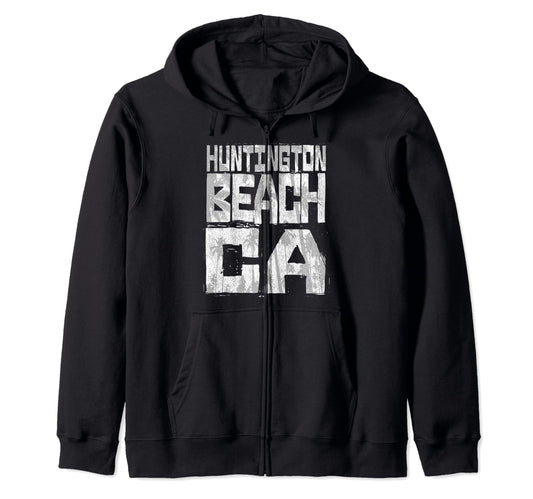 Huntington Beach California Retro Palm Sunset - Beach Design Zip Hoodie